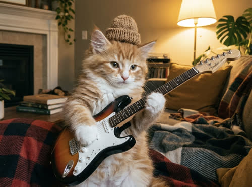 Cute little fluffy cat playing an electric guitar at home, cozy room, warm lighting, relaxed vibe.